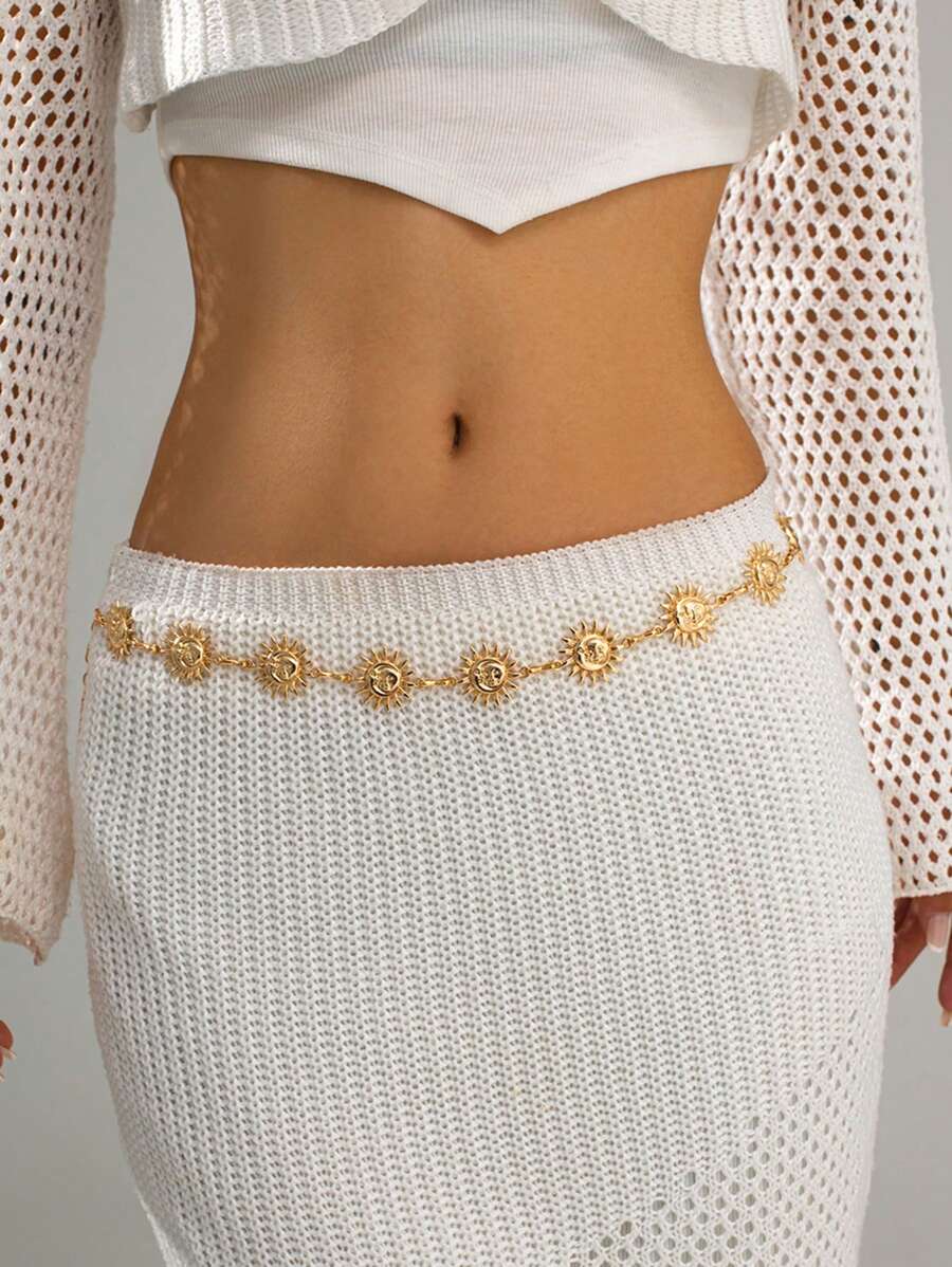 1pc Minimalist Gold Bohemian Style Sunflower & Smiling Face Waist Chain, Suitable For Wedding, Party, Events - Gold - View 1