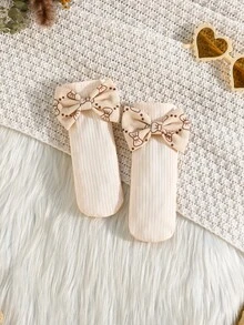 Baby Girls' Ribbed Ruffle Hem Bow Decor Bodysuit, Cute Infant Bodysuit With Socks And Headband Set - Apricot - View 7