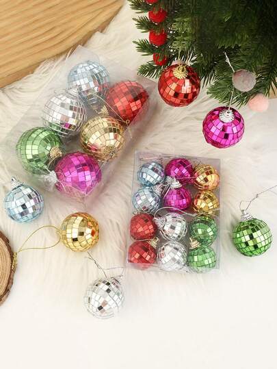 12pcs-Christmas Party Decoration Colorful Disco Ball Pendant Cross-Border Bar Stage Atmosphere Glass Mirror Ball Props, Christmas Halloween Birthday Wedding New Year Decoration