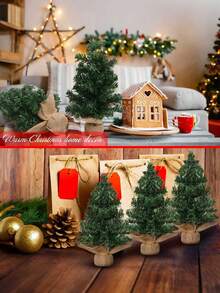 迷你圣诞树，人造迷你松树圣诞树，带雪景和圣诞装饰的手工艺品，配粗麻布袋底座，小型人造圣诞树，适合冬季桌面摆件、圣诞礼物、婚礼装饰、房间装饰、家居圣诞礼物、圣诞装饰 - 綠色 - 查看 6