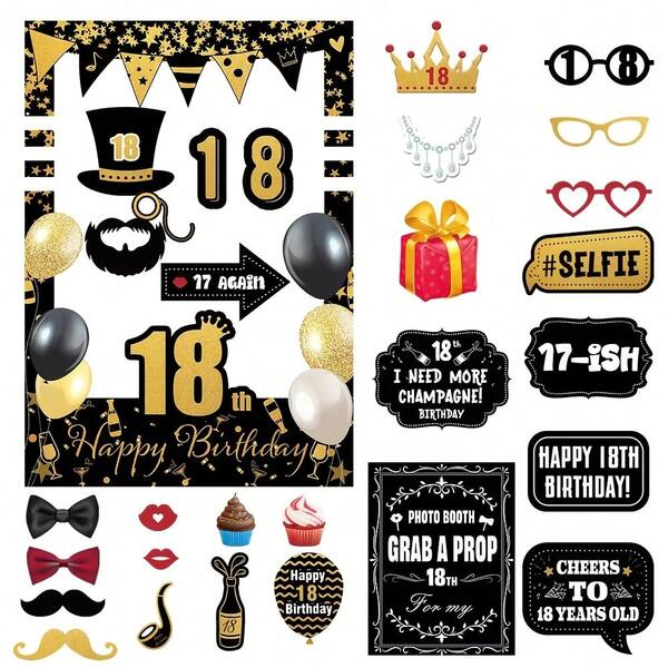1pc Photo Frame + 30pcs Photo Booth Props, 18th Birthday Party Black & Gold Masquerade Mask Decorations, Popular Gift