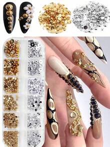 12 Grids Half Round Gold+Silver Pearls Nail Charms Metallic Flat-Back Beads Ball Mixed Size Nail Pearls DIY Nail Gems Nail Supplies - vàng và bạc - Xem 2