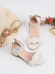 1 pereche de pantofi cu toc înalt pentru fetițe, la modă nouă de vară, sandale de prințesă, sandale confortabile de zi cu zi pentru studente, toc roman cu decor din dantelă, tocuri înalte de mărime mare, pantofi de performanță, pantofi cu toc jos pentru dans, pantofi pentru fetițe cu flori pentru petreceri de nuntă