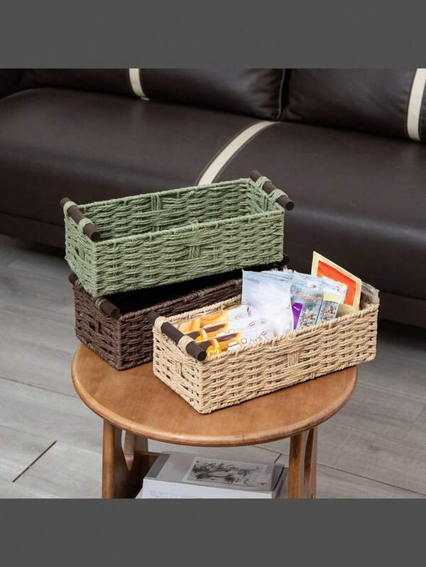 Wicker Storage Basket With Wooden Rope Handle, Bathroom Storage Basket - Space-Saving Organizer For Bedroom Paper, Cosmetics, And Bathroom Decor - Sturdy Bathroom Shelf For Toilets, Toilet Tank Tops, Or Countertops, Easy-To-Clean Bathroom Decor, Decorative Accessory, Vanity Organizer, Natural Aesthetic, Handwoven Texture, Home Storage.