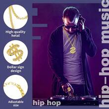 Hip Hop Street Fashion Accessories Set - Gold Baseball Cap, Dollar Necklace, Punk Sunglasses And Ring, Complete Hip Hop Stylish Combo, Carnival Party Hip Hop Cool Punk Alloy Dollar Chain Necklace, Glasses And Ring Set, Essential For Halloween - Multicolor - View 3