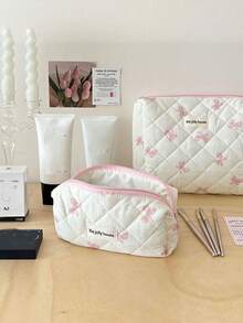 L/M/S Rosa Schleifenmuster Make-up Tasche Set, Blumen Kosmetiktasche, ästhetische Kulturtasche, Reise-Organizer für Frauen und Mädchen, große bedruckte Vintage-Steppdecken-Make-up-Tasche für Frauen, Hautpflege-Organizer-Tasche mit Blumendruck, Make-up-Organizer-Aufbewahrungstasche, Herbst-Uni-Essentials, Reise-Essentials, Urlaubsreise-Tasche für Frauen