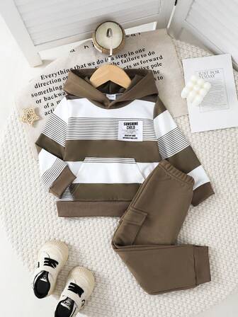 2pcs/Set Striped Hoodie Sweatshirt Top And Solid Color Cargo Pants Set, Regular Fit, Suitable For Spring And Autumn Outdoor Sports And Casual Daily Wear