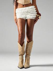 Women's Tiered Ruffled Shorts Summer Fashionable Solid Color Elastic Low Waist Lace Shorts - 白色 - 查看 5