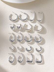 1/5/10 Pairs Women's Thick Silver Chain Twisted Open Hoop Earrings Set, Unique Geometric Shape Stud Earrings, Bohemian Vintage C-Shape Silver Earrings, Jewelry Party Fashion Accessories