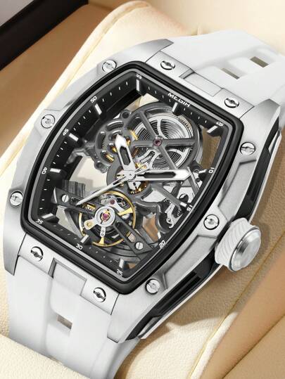  MEGIR Luxury Silicone Strap Mechanical Sport Watches For Men Skeleton Dial Full Automatic Movement Luminous Waterproof Wristwatch Clock