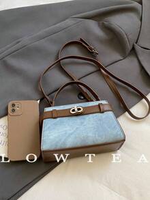 low tea Túi xách nữ mùa hè mới, họa tiết vải thiều, túi đeo chéo thời trang có dây đeo điều chỉnh được, túi đeo vai đơn màu trơn cao cấp trang trí kim loại, túi công sở tiện dụng. - Màu xanh lam - Xem 4