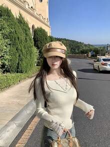 女款珍珠裝飾做舊針織套頭毛衣 - 白色 - 查看 7