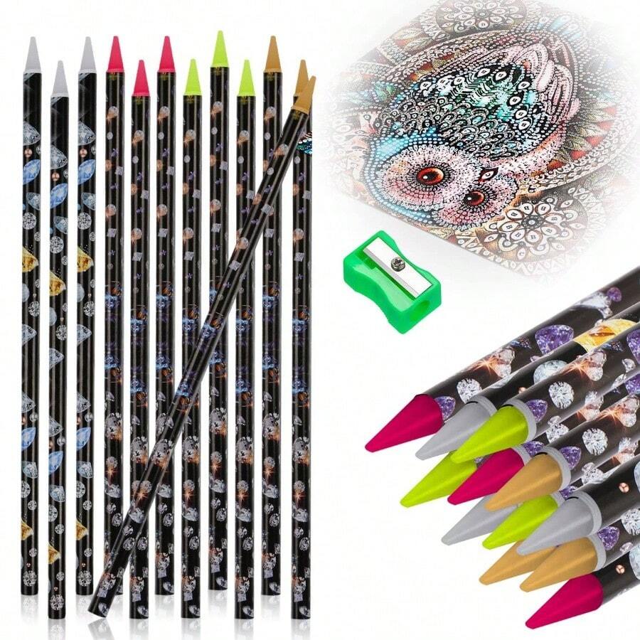 13 Pcs Diamond Painting Pen Rhinestone Picker Pencil Set Self Adhesive Nail Dotting Wax Pen With Pencil Sharpener Resin Point Drill Pens 5D Crystal Gem Pick Up Tools DIY Nail Art Accessories - [Multiple+Colors+as+Shown] - View 1