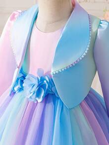 Girls Spring/Autumn Outfit, Collar Fashionable Dress Suit, Colorful Gradient Fluffy Princess Dress With 3D Floral Decor Mid-Length Dress, Children Versatile Top & Vest Dress 2 Pieces Set, Stylish Casual Top, Birthday Party, Holiday, Performance Dress Suit - Blue - View 8