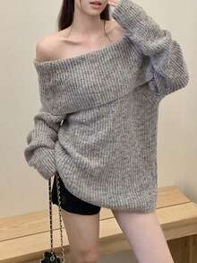 女式简约优雅露肩罗纹针织毛衣 - 灰色 - 查看 4