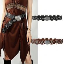 1 Piece Women's Belt Metal Snap Decoration Dress Fashion Retro Wasteland Style Waist Seal Eyelet Oval Piece Carving - 古銀豹紋 - 查看 1