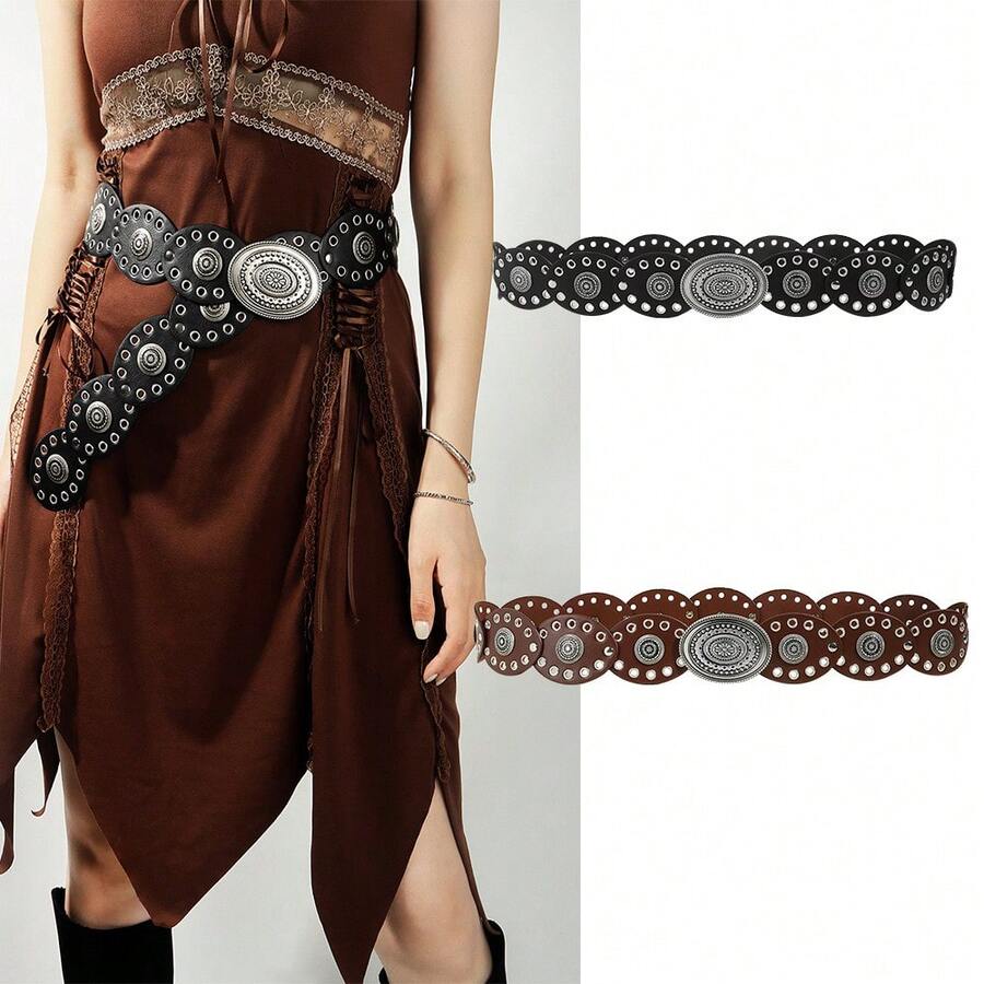 1 Piece Women's Belt Metal Snap Decoration Dress Fashion Retro Wasteland Style Waist Seal Eyelet Oval Piece Carving - 古銅金色 - 查看 1