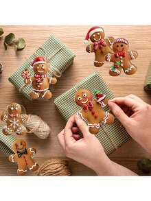 12pcs Christmas Gingerbread Man Ornaments, Wooden Christmas Tree Hanging Decorations, Cute Bow Gingerbread Man & Snowflake Gingerbread Ornaments, Christmas Party Fireplace Window Decor, Classic Belief Decorations Suitable For Christmas And Winter