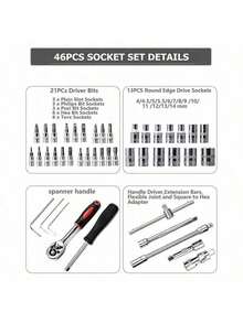 46 件优质专业工具套件，汽车/自行车维修技工工具套装，包括 1/2"、1/4"、3/8" 驱动深套筒和标准套筒、赛车级汽车零件棘轮扳手、用于全面汽车和家庭维修的耐用工具、高级棘轮扭矩扳手和螺丝刀套装 - 超级紧凑，用于汽车、自行车和摩托车维护的一体化解决方案，多功能且易于使用 - 彩色 - 查看 7