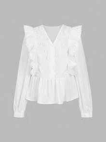 ii 休闲纯色蕾丝拼布荷叶边长袖衬衫