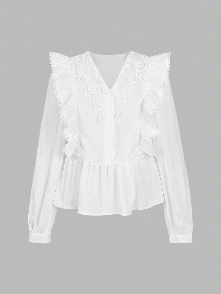 ii Blusa de manga larga con volantes, parches de encaje y unicolor informal - Blanco - Añade 3