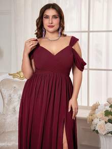 UNITHORSE Plus Size Women's Open Shoulder Short Sleeve Chiffon Bridal Dress, Elegant Dress, Birthday Dress, Graduation Dress, Formal Dress, Bridesmaid Dress Wedding Spring Party - Burgundy - View 6