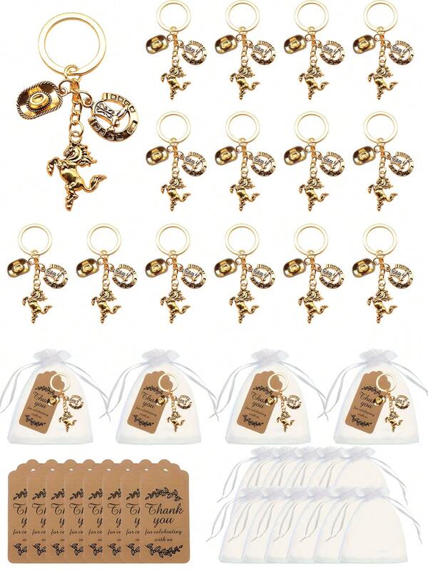 36 peças/conjuntos de chaveiros de cowboy do oeste, pingente de cavalo, chapéu, chaveiro, decoração exclusiva de bolsa com tema de cowboy, presentes para festas ocidentais, ocasiões especiais, presentes decorativos de metal para festas de cowboy no estilo ocidental, sacolas de organza, cartões de agradecimento e decorações de festa country com corda, presentes no estilo ocidental para cowboys e cowgirls.