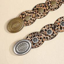 1 Piece Women's Belt Metal Snap Decoration Dress Fashion Retro Wasteland Style Waist Seal Eyelet Oval Piece Carving - 古銀豹紋 - 查看 4