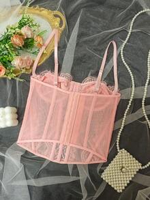 Lace Bustier Corset | Mesh Insert Spaghetti Straps Slim Fit Top - Pink - View 5
