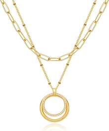 MEVECCO Layered Heart Necklace Pendant Handmade 18k Gold Plated Dainty Gold Choker Arrow Bar Layering Long Necklace For Women - 雙層圓 - 查看 1