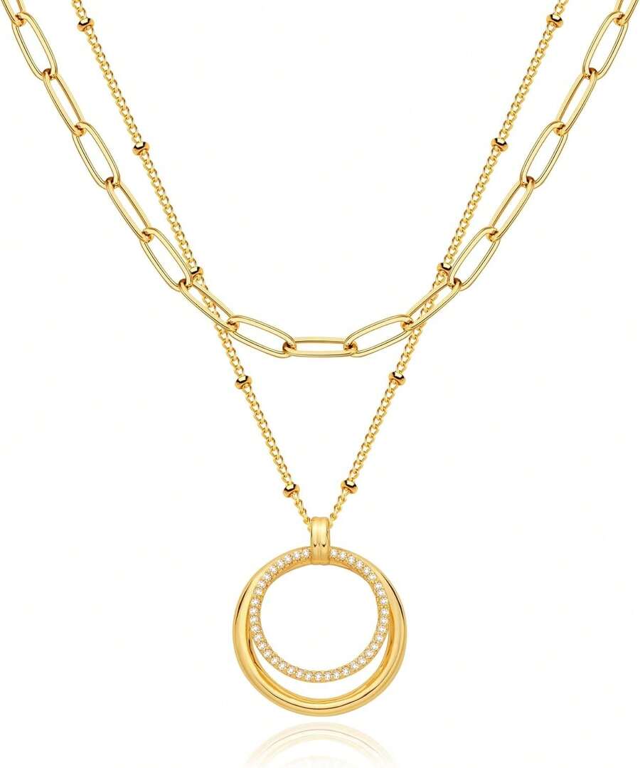 MEVECCO Layered Heart Necklace Pendant Handmade 18k Gold Plated Dainty Gold Choker Arrow Bar Layering Long Necklace For Women - 雙層圓 - 查看 1