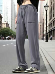 Men's Drawstring Linen Pants With Pockets Stylish Solid Casual Mid Rise Wide Leg Trousers For Spring/Autumn - Grey - View 3