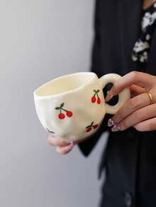 1pc Ins Style Hand-Painted Cherry & Strawberry Ceramic Cup, Asymmetrical Embossed Body, Breakfast Coffee Mug, Girly Desktop Water Cup, Party Afternoon Tea Cup, Red Tea Cup, Large Capacity Water Mug, Coffee Cup - Multicolor - View 6