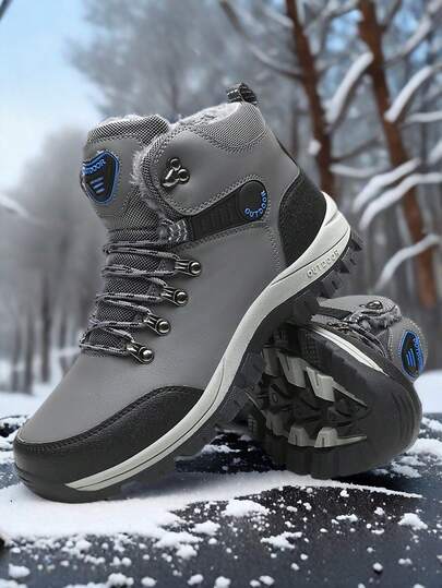 1 Pair Men's Grey Winter Sports Outdoor Shoes, 2025 New Fashion Men's Warm Mid-Top Snow Boots, Durable, Comfortable, Non-Slip, High-Quality Outdoor Winter Boots, Round Toe Lace-Up, Lightweight, Wear-Resistant, Anti-Collision Hiking Travel Shoes