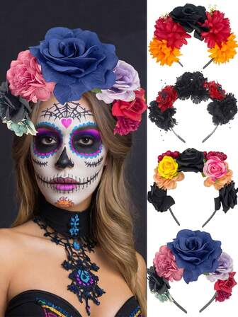 1 件万圣节逼真黑色和红色玫瑰花头饰，黑暗哥特式亡灵节骷髅手蜘蛛 3D 头饰，适合万圣节服装派对服装配饰