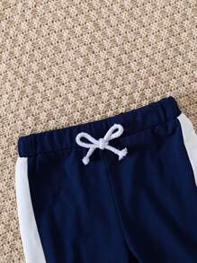 2pcs Baby Boy Casual Colorblock Long Sleeve Sweatshirt And Faux Drawstring Pants Set, Autumn