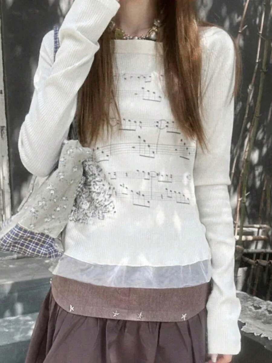 Women T-Shirt Long Sleeve Boat Neck Music Note Print Patchwork Slim Fit Ladies Tops Streetwear