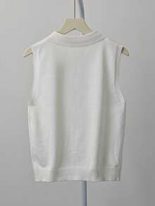 复古风格 Polo 领无袖针织上衣，时尚修身背心 - 白色 - 查看 7
