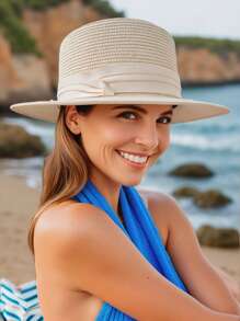 1 Peça Chapéu de Palha de Verão Feminino: Estilos Boho, Retrô e Elegantes, Material de Palha, Faixa Decorativa, Aba Larga Protetora Solar, Ideal para Praia e Páscoa, Fácil de Dobrar, Várias Cores (Bege/Creme), Design de Chapéu Balde, Chapéu de Sol Estiloso e Funcional para Mulheres