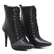 Women's Thin Heel Boot With Front Lace-Up And Modern Style - Black - View 5