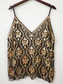 Women's Summer Slim Camisole Sparkly Sequin Spaghetti Strap V-Neck Sheer Mesh Tank Tops Streetwear - 彩色 - 查看 3