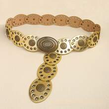 1 Piece Women's Belt Metal Snap Decoration Dress Fashion Retro Wasteland Style Waist Seal Eyelet Oval Piece Carving - 古銅金色 - 查看 12