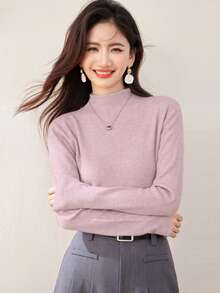 Women's Turtleneck Sweater, Loose Knit Top, Slouchy, Autumn/Winter - Baby Pink - View 7