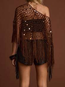 Women's Sheer Ponchos Off Shoulder Hollow Out Crochet Shaw T-Shirts Tassel Knit Tops - Dark Brown - View 3