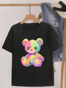 1pcs 100% Cotton T-Shirt  A Colorful Teddy Bear With Rainbow Hues And Smirk Men's T-Shirts 220g Festival Outfits Blue Shirt Matching Outfits For Couples Camo Tshirt New Year Women's T-Shirts Summer Graphic T-Shirts