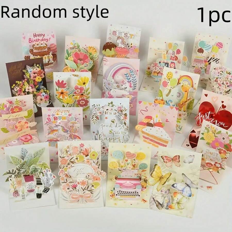 20 Mixed Pop-Up 3D Greeting Cards Random 1 Piece, Handmade Greeting Cards With Flowers, Thank You Cards, Commemorative Cards, Message Cards, Envelopes, Birthday, Mother's Day, Father's Day, Wedding Anniversary, Gift Exchange, Suitable For Any Occasion - 隨機樣式 - 查看 1