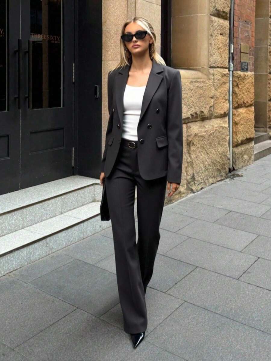 Zalla Blazer And Palazzo Pants Set With Lining And Decorative Button - Grey - View 1