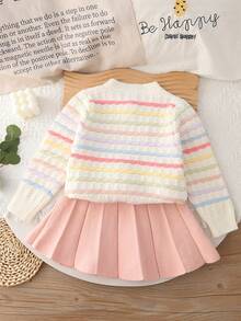 2 件女童条纹开衫和裙子套装，时尚设计优雅秋冬装，儿童礼物节日服装 - 白色 - 查看 2