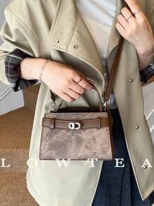 low tea 新款夏季荔枝纹女士手提包，时尚可调节肩带斜挎包，简约纯色高端金属装饰单肩通勤包，女士时尚钱包 - 棕色 - 查看 5