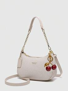 New Fashion Classic Versatile Letter Graphic Decor Solid Color Waterproof PU Fabric Shoulder Bag, Crescent Bag, Underarm Bag, Suitable For Shopping, Can Be Worn Crossbody. Decorated With Cherry Pendant, Crescent Bag For Summer, Suitable For Beach Vacation, Back To School Season, Women Wallet. - White - View 4